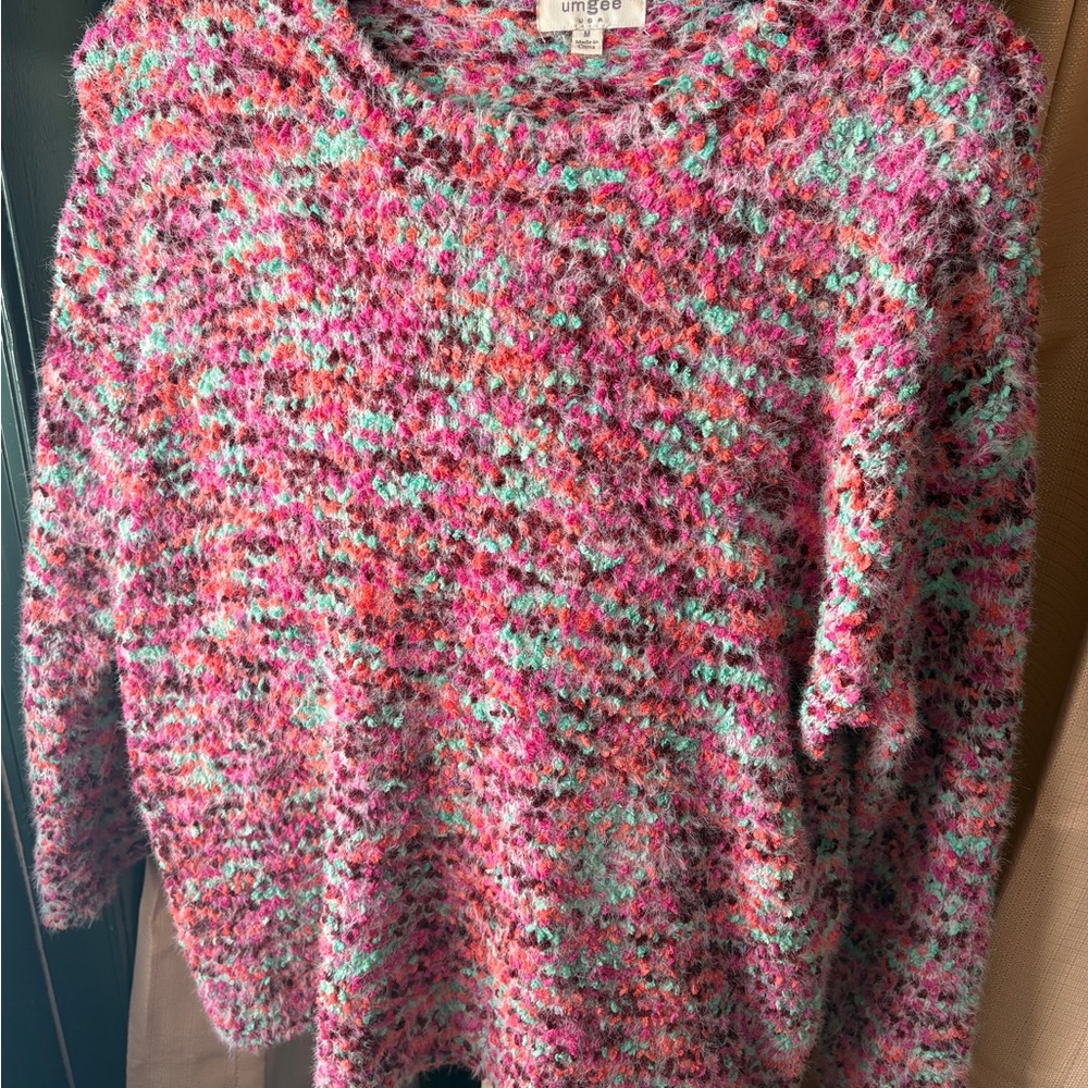 Umgee Multicolor Fuzzy Crewneck Sweater - Pink, Mint, Coral